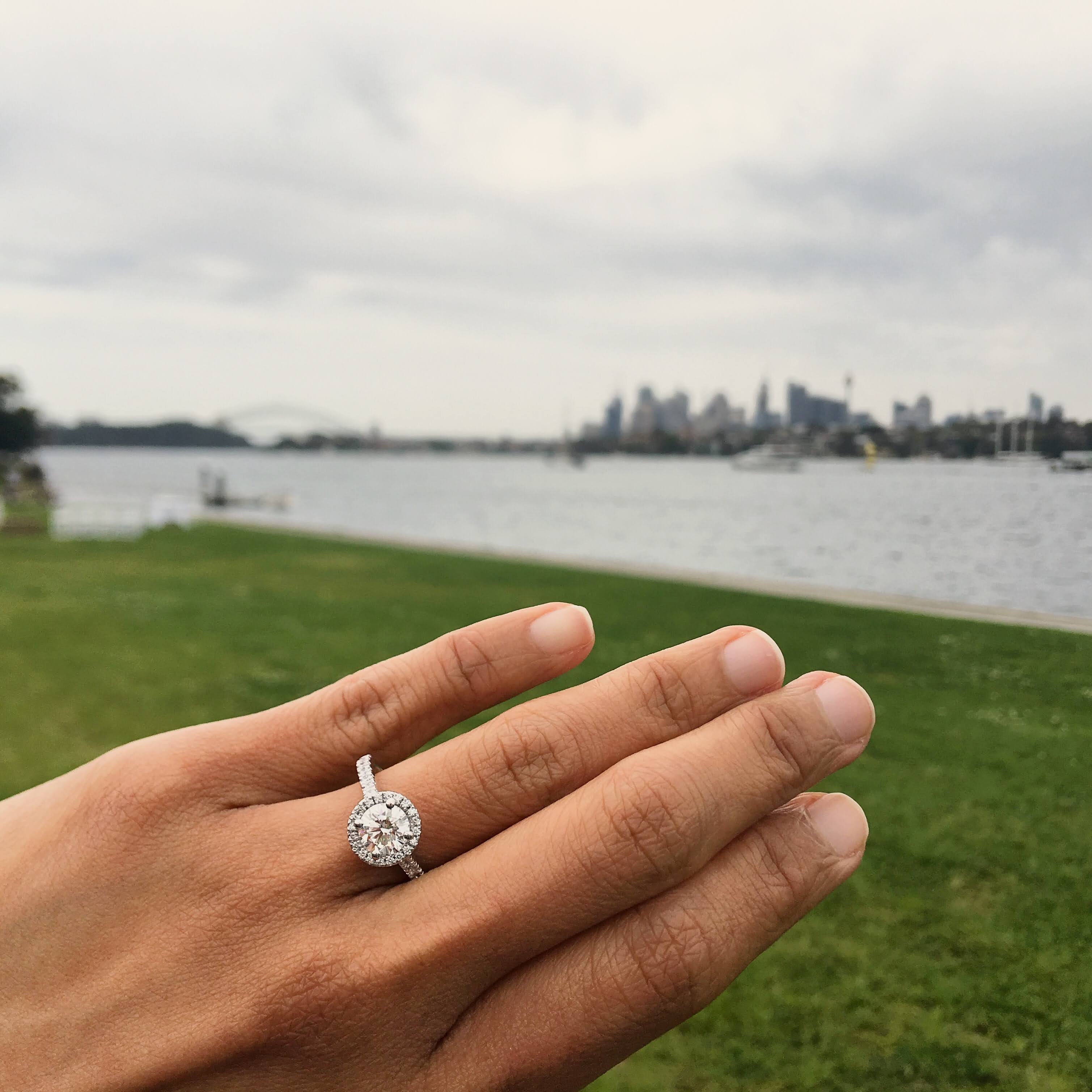 A hand held up in front of a harbour, wearing a white gold engagement ring with a round diamond in a diamond-set halo on a pavé band. Grass, water and the Sydney skyline are behind.